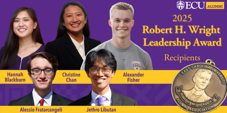 Five East Carolina University students are shown in a graphic with purple background and yellow banners with a medal showing the Robert H. Wright Leadership Award.