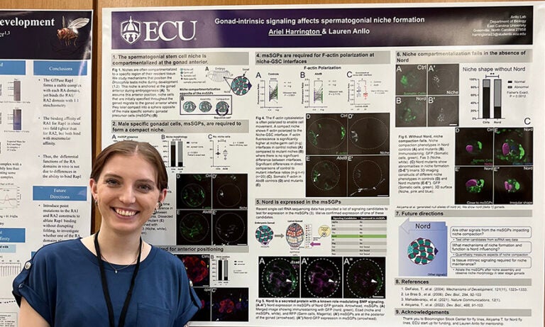 A biology graduate student from East Carolina University stands in front of her winning research poster.