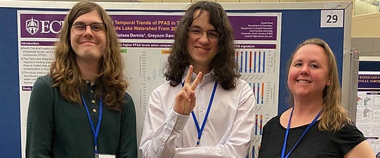 Three East Carolina University students smile as they stand in front of their research poster.