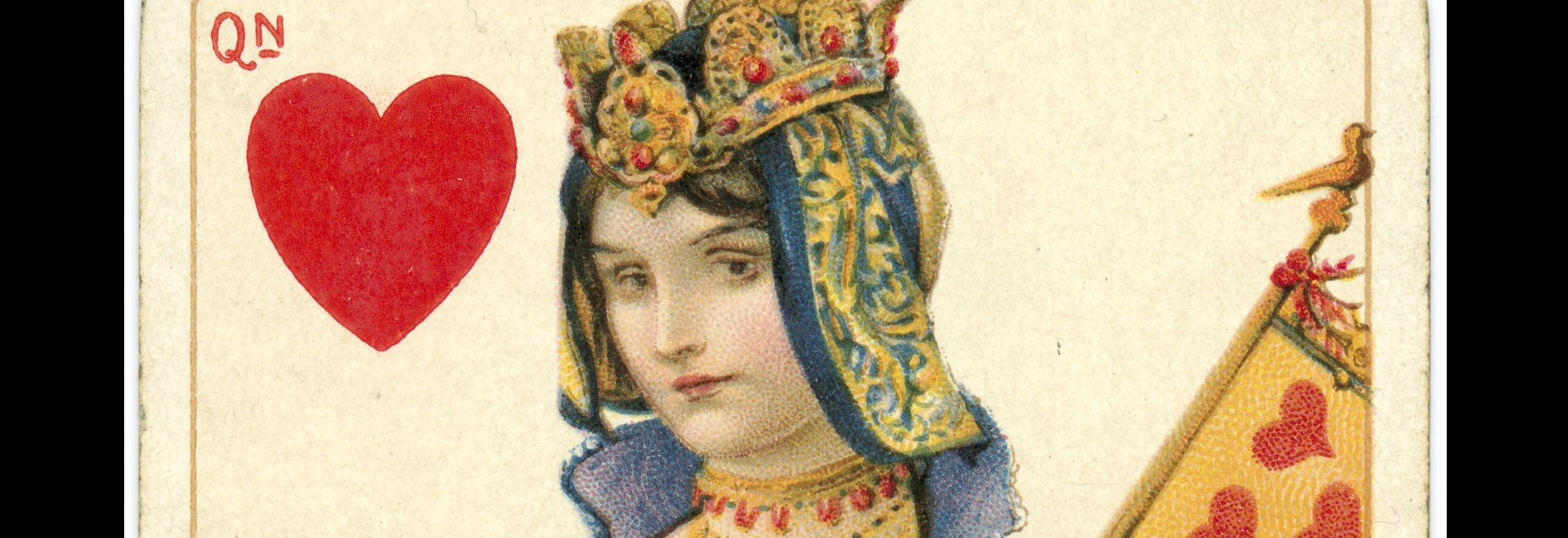 The top of a playing card that depicts the head and a red heart representing the queen of hearts.